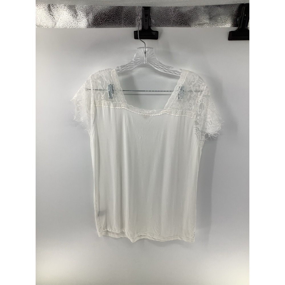 POL Womens White Lace Trim V-Neck Short Sleeve Knit Top Medium Boho Romantic - Picture 1 of 3